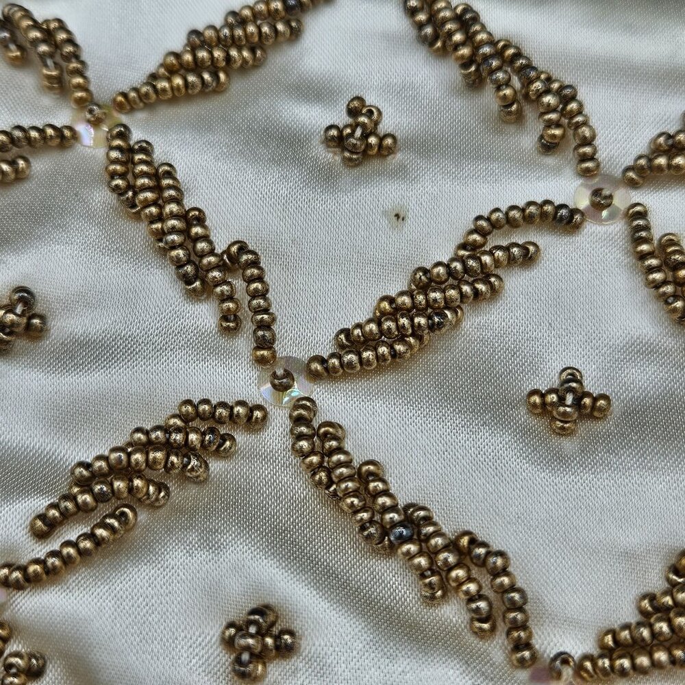 Vintage Gold Beaded Ivory Satin Evening Bag With Rhinestone Clasp & Chain Strap - Picture 2 of 8